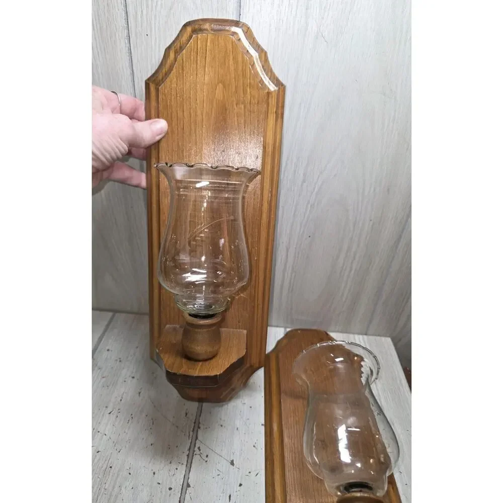 Vtg Wooden Wall Sconce Clear Floral Glass Votive Candle Holder Cabin Decor
